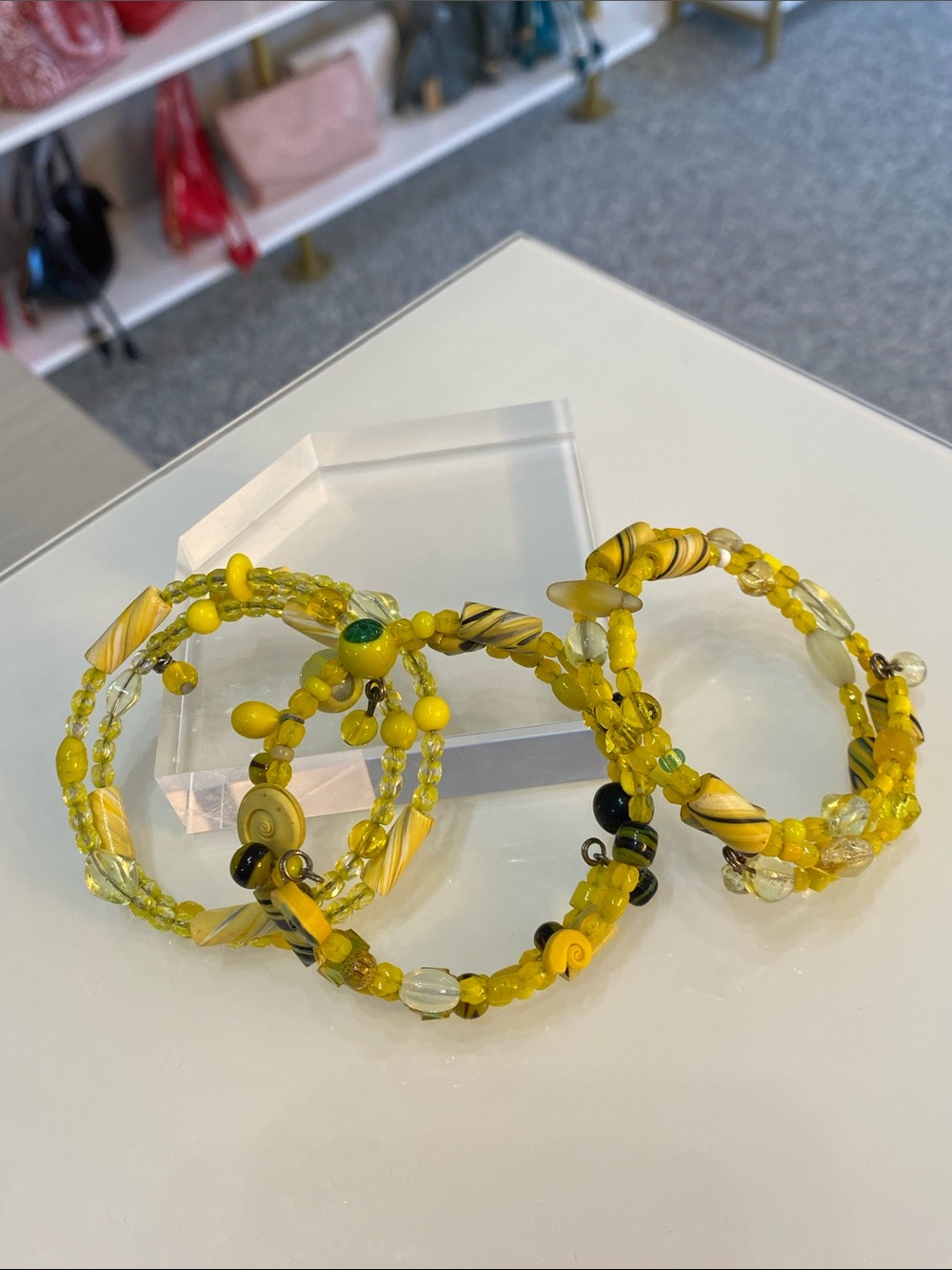 Glass Yellow Beaded Coil Bracelet 3 Set - Women Jewelry